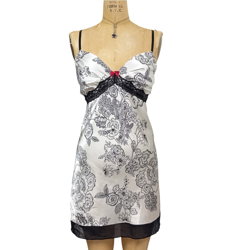 Y2K Floral Satin Chemise Slip Dress Black Lace Red Bow Dark Romantic Soft Goth L